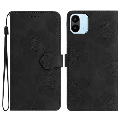 Für Xiaomi Redmi A1 4G / A2 4G Blumen bedrucktes Handyhülle PU-Leder Standfunktion Cover - Schwarz