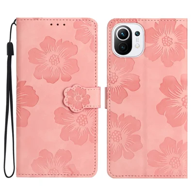 Wallet Phone Case for Xiaomi Mi 11 Lite 4G / 5G / 11 Lite 5G NE , PU Leather Flowers Imprinted Flip Stand Cover - Pink