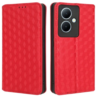 For vivo Y78 5G / Y78+ 5G / V29 Lite 5G Rhombus Imprinted Shell PU Leather Stand Shockproof Case Phone Cover - Red