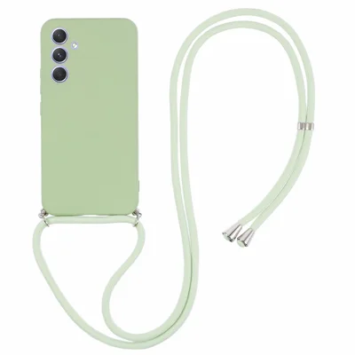 For Samsung Galaxy A14 5G / A14 4G Case Fiber Lining Rubberized TPU Cover with Long Lanyard - Matcha Green