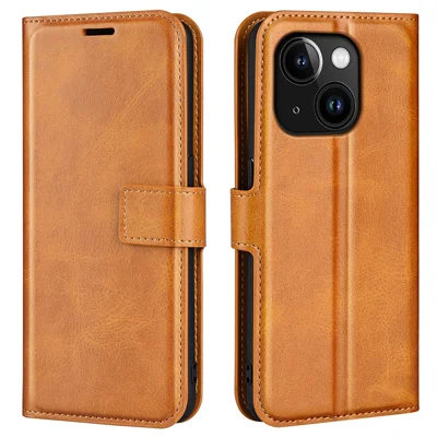 Custodia in pelle di vitello texture per iPhone 15 con chiusura magnetica quadrata e supporto da portafoglio - Giallo