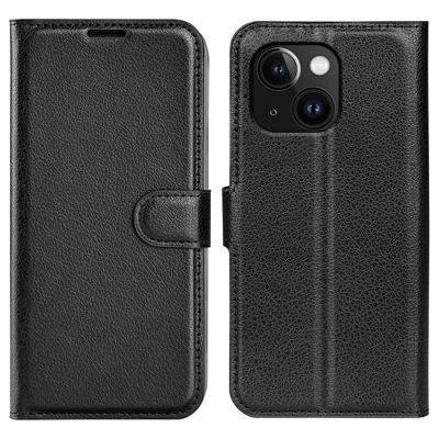 Per iPhone 15 PU Pelle Litchi Texture Stand Phone Case Portafoglio Flip Phone Cover - Nero