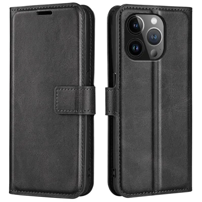 For iPhone 15 Pro Max Calf Texture Leather Cover Square Magnetic Closure Stand Wallet Phone Case - Black