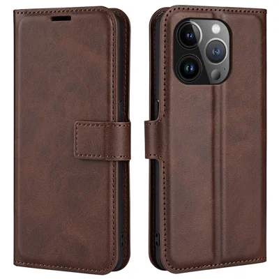 For iPhone 15 Pro Stand Wallet Calf Texture Leather Cover Square Magnetic Closure Phone Case - Brown