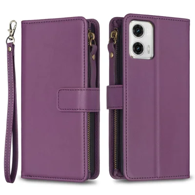 BF19 For Motorola Moto G73 5G Smartphone Case Anti-Scratch Shell PU Leather Wallet Stand Zippered Phone Cover - Dark Purple