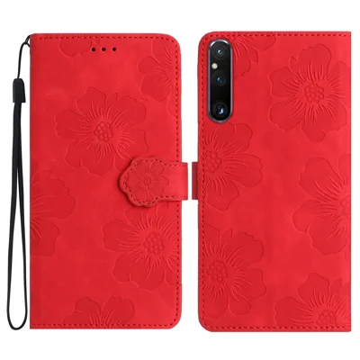 For Sony Xperia 1 V PU Leather Flowers Imprinted Phone Case Stand Wallet Shockproof Phone Cover - Red