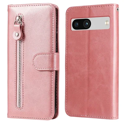For Google Pixel 7a Calf Texture Leather Phone Case Zipper Pocket Wallet Flip Stand Cover - Pink
