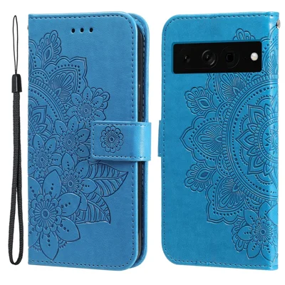 For Google Pixel 7 Pro 5G Case Floral Pattern PU Leather Wallet Stand Phone Cover - Blue