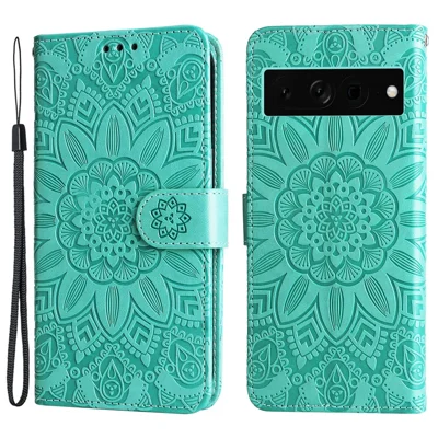 For Google Pixel 7 Pro 5G PU Leather Sunflower Imprinted Phone Case Flip Stand Wallet Cover - Green