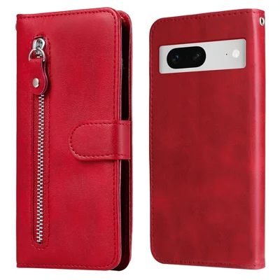 For Google Pixel 7 5G Calf Texture Phone Case Folding Stand Zipper Pocket Leather Wallet Cover - Red