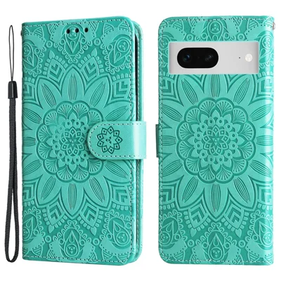 For Google Pixel 7 5G PU Leather Wallet Cover Sunflower Imprinted Flip Stand Case - Green
