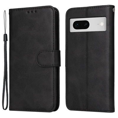 For Google Pixel 7 5G Calf Texture Phone Cover Wallet Stand Shockproof Case with Strap - Black