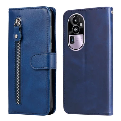 Para Oppo Reno10 Pro+ 5G Calf Texture Phone Case Zipper Pocket Wallet Foldable Stand Cover - Azul