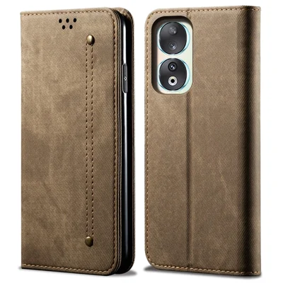 For Honor 90 Pro Capa de Carteira de Couro PU Jeans Cloth Texture Full Protection Stand Phone Cover - Khaki