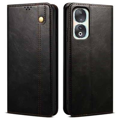 For Honor 90 Wallet Case PU Leather Waxy Crazy Horse Texture Stand Phone Cover - Black