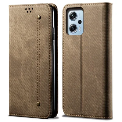 Wallet Phone Case for Xiaomi Redmi Note 11T Pro 5G / Note 11T Pro+ 5G / K50i 5G / Note 12T Pro 5G / Poco X4 GT 5G , PU Leather Jeans Cloth Texture Stand Cover - Khaki