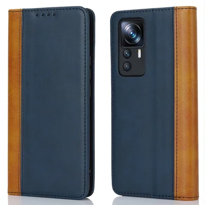For Xiaomi 12T 5G / 12T Pro 5G / Redmi K50 Ultra PU Leather Phone Case Stand Bi-color Splicing Wallet Cover - Blue+Yellow