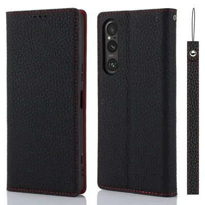 Para Sony Xperia 1 V Litchi Texture Genuine Cow Leather Phone Case Stand Wallet Flip Cover with Strap - Negro