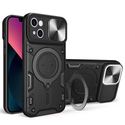 For iPhone 13 6.1 inch Slide Camera Guard Phone Case PC+TPU Drop-proof Cover with Rotating Kickstand - Black