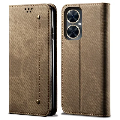 For Huawei nova 11i / Maimang 20 / Enjoy 60 Pro PU Leather Case Stand Wallet Jeans Cloth Texture Phone Cover - Khaki