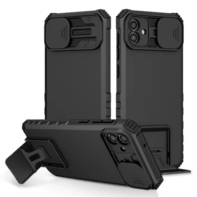 Kickstand Case for Samsung Galaxy A04 4G (164.4 x 76.3 x 9.1 mm) PC + TPU Phone Protector with Slide Camera Cover - Black