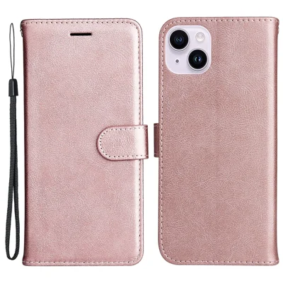 Voor iPhone 15 Plus hoesje effen kleur lederen mobiele hoes portemonnee standaard met bandje - Roségoud