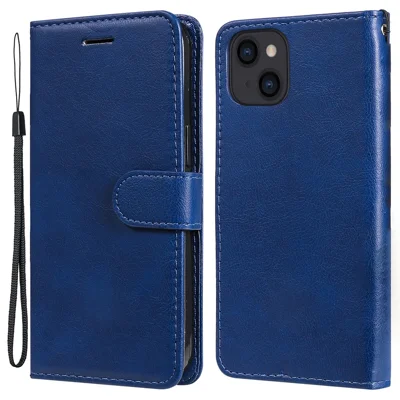 Für iPhone 15 Hülle, einfarbige Ledertasche mit Ständer und Riemen – Blau