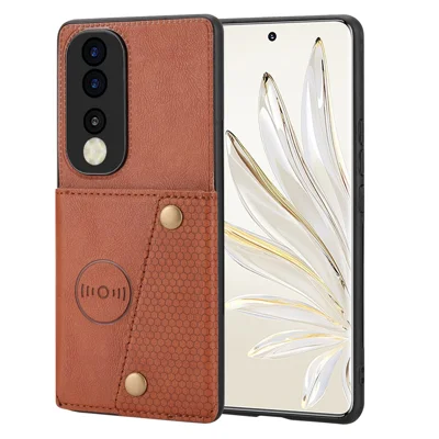 Phone Case for Honor 90 Card Holder Kickstand Drop Resistant PU Leather Coated TPU Back Cover - Light Brown
