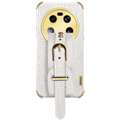 For Xiaomi 13 Ultra Electroplating Phone Case PU Leather Coated TPU Cover with Wristband Kickstand - White