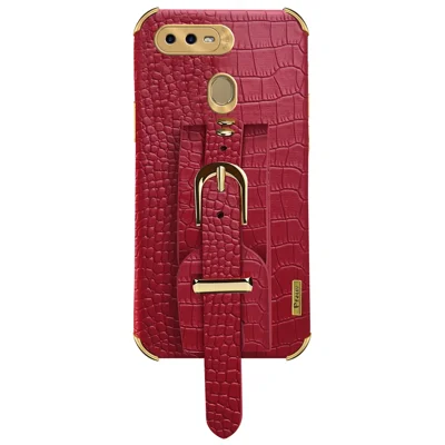 Wristband Kickstand Phone Case for Oppo A7 , Crocodile Texture Electroplating Leather Coated TPU Cover - Red