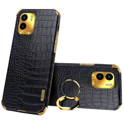 For Xiaomi Redmi A1 4G / A2 4G Crocodile Texture Leather Coated TPU Phone Case 6D Electroplated Cover with Ring Kickstand - Black