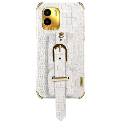 For Xiaomi Redmi A1 4G / A2 4G Wristband Kickstand PU Leather Coated TPU Case Electroplating Phone Cover - White