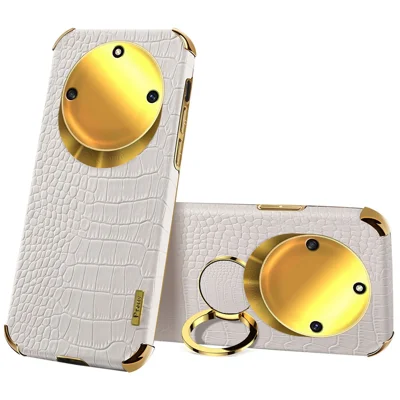For Honor X40 5G Kickstand Phone Case Crocodile Texture PU Leather Coated 6D Electroplated TPU Cover - White