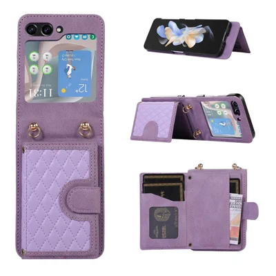 Grid Imprinted Protective Wallet Case for Samsung Galaxy Z Flip5 5G PU Leather PC Phone Cover with Shoulder Strap - Purple