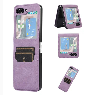 For Samsung Galaxy Z Flip5 5G Card Slot Phone Case Shockproof PU Leather PC Phone Cover - Purple