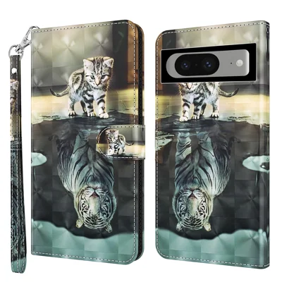 3D Pattern Printing Phone Case for Google Pixel 8 , Wallet Stand PU Leather Cover with Strap - Cat and Tiger