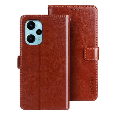 IDEWEI For Xiaomi Redmi Note 12 Turbo / Poco F5 5G TPU+PU Leather Phone Cover Wallet Crazy Horse Texture Stand Case - Brown