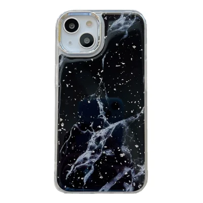 For iPhone 14 Plus Hard Phone Shell Electroplating Epoxy Marble Pattern Silver Foil Acrylic+TPU Phone Case - Black