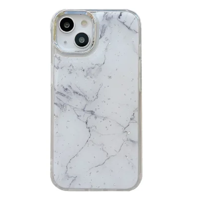 For iPhone 14 Plus Hard Phone Shell Electroplating Epoxy Marble Pattern Silver Foil Acrylic+TPU Phone Case - White