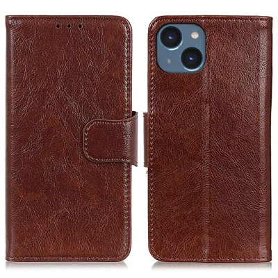 Phone Case for iPhone 15 Plus Split Leather Nappa Texture Cover with Stand Wallet - Brown