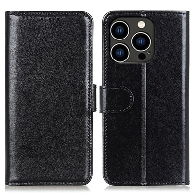 Für iPhone 15 Pro Crazy Horse Textur Flip Brieftasche Hülle PU Leder Ständer Telefonabdeckung - Schwarz