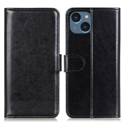 Handy-Hülle Wallet für iPhone 15, Anti-Kratzer Crazy Horse Textur PU-Leder Smartphone-Hülle - Schwarz