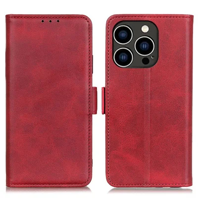 For iPhone 15 Pro Max Full Protection Cover PU Leather Wallet Stand Cowhide Texture Cell Phone Case - Red