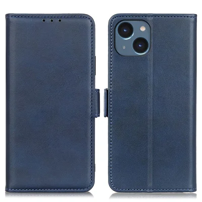 Per iPhone 15 Plus Anti-Polvere Stand Phone Case Cowhide Texture PU Leather Wallet Cover - Blue