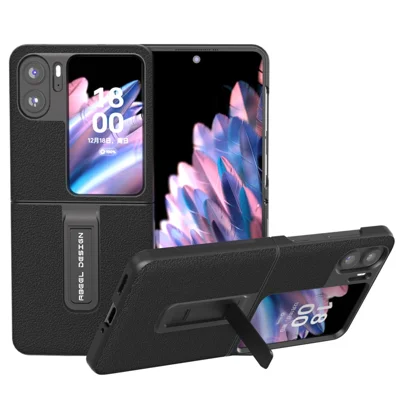 ABEEL For Oppo Find N2 Flip 5G Kickstand Phone Case Genuine Cow Leather+PC Shockproof Cover - Black
