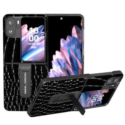 ABEEL For Oppo Find N2 Flip 5G Crocodile Texture Phone Case Kickstand Genuine Cow Leather+PC Anti-scratch Cover - Black