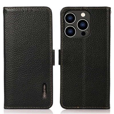 KHAZNEH For iPhone 15 Pro RFID Blocking Phone Case Stand Wallet Genuine Cow Leather Phone Cover - Black
