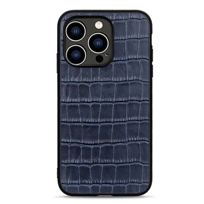 For iPhone 15 Pro Max Crocodile Texture Genuine Cow Leather+TPU+PC Phone Case Phone Cover - Blue