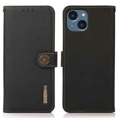 KHAZNEH Per iPhone 15 Protezione da caduta RFID Blocking Wallet Custodia per cellulare in vera pelle di mucca con cavalletto - Nero