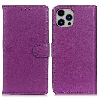 For iPhone 15 Pro PU Leather Full Protection Phone Case Wallet Stand Litchi Texture Cover - Purple